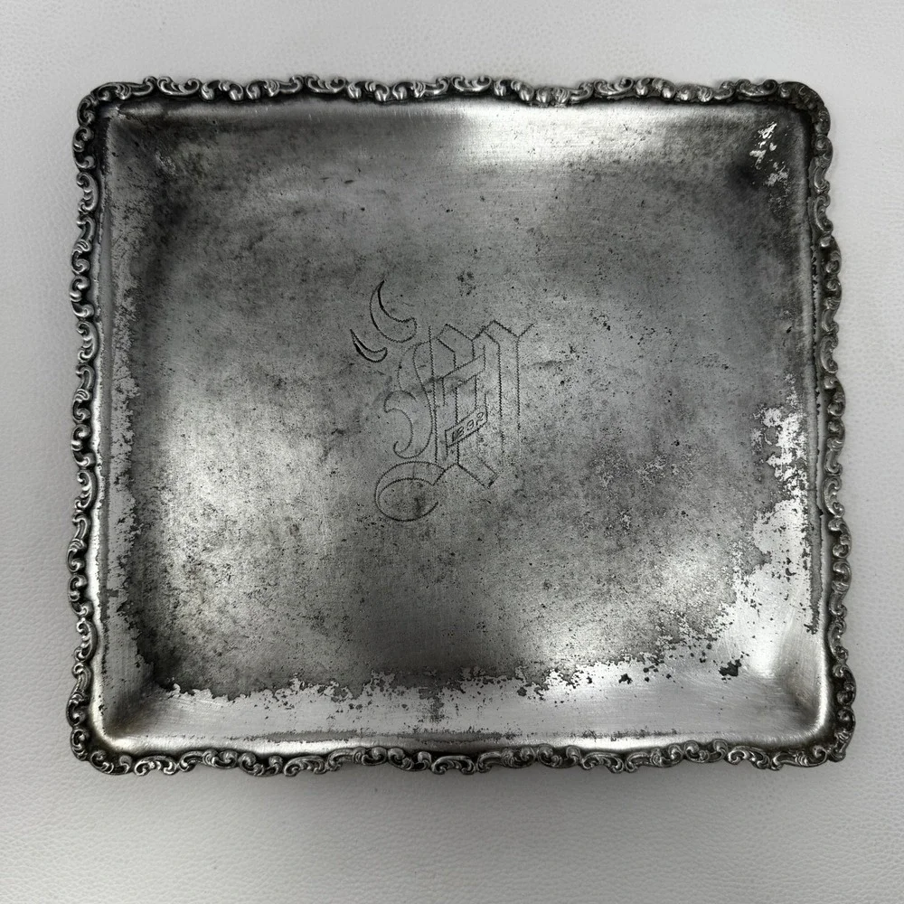 Antique 1892 Monogram Vanity Dresser Tray Ornate Victorian 8x9 Scroll Unmarked